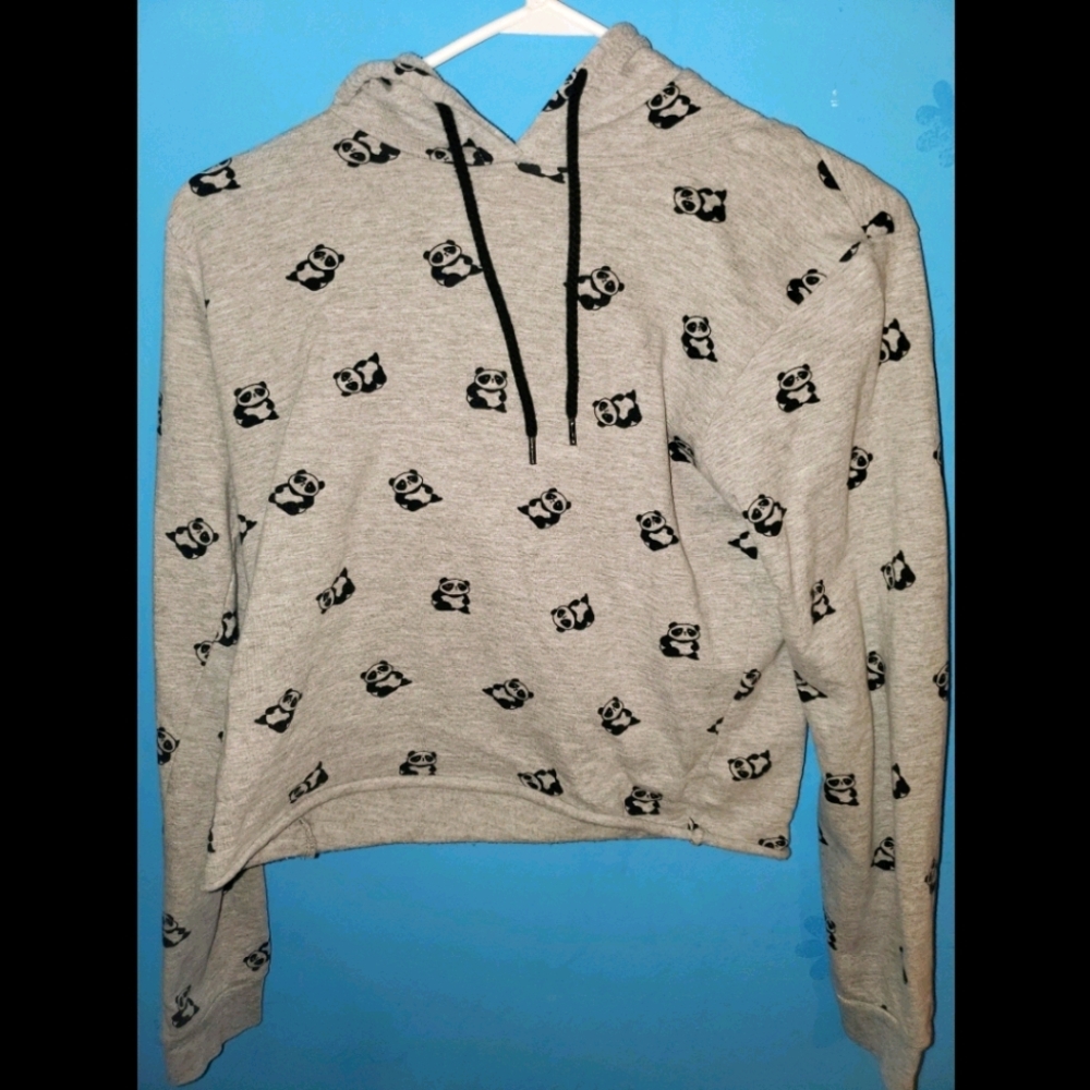 Grey panda long sleeve crop hoodie